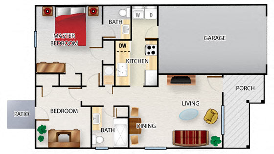 Floor plan for 2 beds, 1.5 baths, 750 sqft